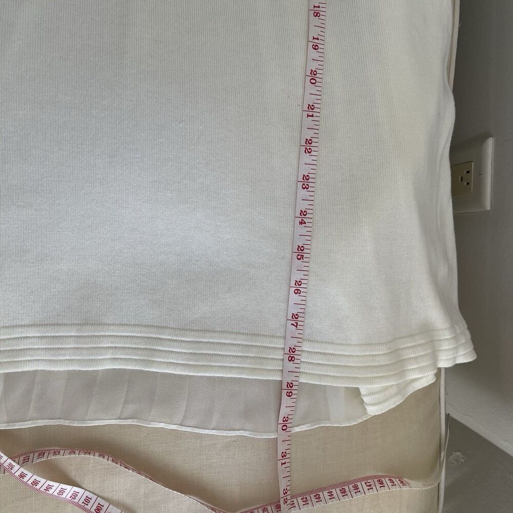 Elie Tahari cream V Neck Knit Hi Low sweater Tunic Sheer pleated back L - Picture 8 of 10
